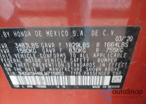 2020 Honda Fit Lx from USA, damaged, VIN 3HGGK5H48LM715852